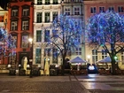 Miasto, Gdańsk, Noc, Kamienice, Drzewa, Lampki, Świąteczne