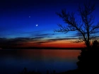 Noc, jezioro, Drzewo, Księżyc