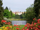 Zamek, Park, Jezioro, Wiosna, Rododendrony, Pruhonice