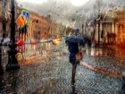 Deszcz, Ulica, Kamienice, Kobieta, Parasol