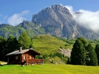 Alpy, Włoskie, Dolina, Val Gardena, Łąki, Drzewa, Chmury, Drewniany, Dom
