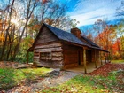 Stany Zjednoczone, Park Narodowy Great Smoky Mountains, Drzewa, Dom, Promienie słońca, Liście, Jesień