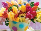 Tulipany, Kolorowe, Wazon w Kropki, Listki