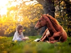 Koń, Dziewczynka, Łąka, Drzewo