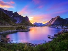 Góry, Jezioro, Domy, Osada, Lofoty, Norwegia