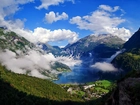 Malowniczy, Fiord, Geiranger, Wioska, Zatoka, Góry, Skały, Mgła