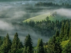 Góry, Lasy, Mgła, Domy, Alpy, Tyrol, Austria