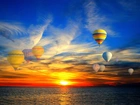 Balony, Morze, Chmury, Zachód, Słońca