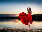 Kobieta, Czerwona, Sukienka, Jezioro