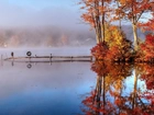 Jesień, Jezioro, Pomost, Mgła, Drzewa