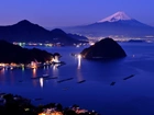 Góry, Wulkan, Fudżi, Wyspa, Noc, Oświetlone, Domy, Japonia
