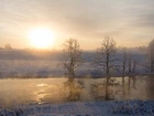 Zima, Rzeka, Wschód słońca, Drzewa, Mgła