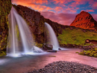 Wodospad, Góra Kirkjufell, Zachód słońca, Islandia