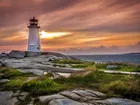 Kanada, Latarnia morska: Peggys Point Lighthouse, Kamienie, Skały, Trawa, Morze, Chmury