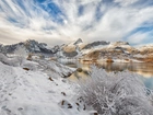 Hiszpania, Kastylia i León, Jezioro Embalse de Riaño, Zima, Góry,  Krzewy, Drzewa, Śnieg