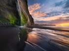 Zachód słońca, Klif, Morze, White Cliffs Walkway, Region Taranaki, Nowa Zelandia