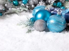 Niebieskie, Srebrne, Bombki, Śnieg, Dekoracja, Świąteczna, Boże Narodzenie