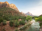 Stany Zjednoczone, Stan Utah, Park Narodowy Zion, Góra Watchman, Góry, Rzeka Virgin River, Drzewa