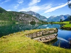 Norwegia, Stryn, Sogn og Fjordane, Fiord Innvikfjorden, Góry, Łódka, Domy