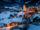 Zima, Dolina, Góry, Wysokie Taury, Domy, Kościół, Światła, Park Narodowy Wysokich Taurów, Gmina Heiligenblut am Grobglockner, Karyntia, Austria