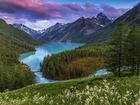 Góry, Jezioro Lake Kucherla, Republika Ałtaju, Rosja, Lasy, Drzewa,  Roślinność, Chmury