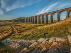 Anglia, Yorkshire, Wiadukt kolejowy Ribblehead, Most, Kamienie, Dróżka, Trawa