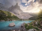 Góry, Dolomity, Masyw Sorapiss, Jezioro Sorapis, Mgła, Kamienie, Włochy