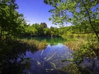 Chorwacja, Park Narodowy Jezior Plitwickich, Jezioro, Zieleń,  Trawa, Drzewa, Krzewy, Niebo