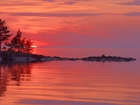 Zachód słońca, Jezioro Ładoga, Skały, Drzewa, Republika Karelii, Rosja