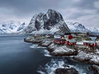 Góry, Śnieg, Domki, Morze, Norwegia