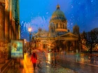 Rosja, Petersburg, Deszcz, Ulica, Budynki, Kobieta, Parasol