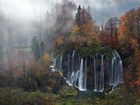 Park Narodowy Jezior Plitwickich, Plitwice, Chorwacja, Wodospad, Las, Jezioro, Jesień