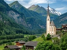 Austria, Heiligenblut am Großglockner, Góry Alpy, Kościół św. Wincentego z Saragossy, Lasy, Drzewa, Domy