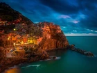 Włochy, Manarola, Morze, Noc, Domy