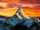 Nepal, Himalaje, Ośnieżone, Góry, Szczyty, Mount Everest, Czomolungma, Zachód słońca, Chmury