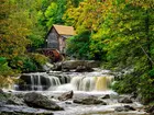 Stany Zjednoczone, Wirginia Zachodnia, Park Babcock State, Młyn, Glade Creek Grist Mill, Drzewa, Rzeka New River Gorge, Kamienie