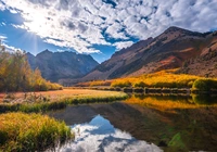 Stany Zjednoczone, Kalifornia, Eastern Sierra, Góry, Drzewa, Wschód słońca, Chmury, Jezioro, North Lake