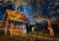 Noc, Wejście, Ogrodzenie, Drzewo, Kwitnące, Drzewo, Cmentarz, Lychgate, Kościół św. Anny, Baslow, Hrabstwo Derbyshire, Anglia