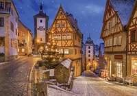 Zima, Uliczka, Domy, Dekoracje, Choinka, Boże Narodzenie, Śnieg, Oświetlenie, Rothenburg ob der Tauber, Bawaria, Niemcy