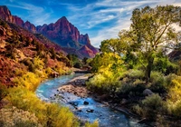 Stany Zjednoczone, Stan Utah, Park Narodowy Zion, G?ry Watchman, Rzeka Virgin River, Kamienie, Drzewa