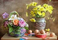 Wielkanoc, Jajka, Koszyk, Bukiet, Kwiaty