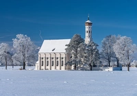 Zima, G?ry, Alpy, Drzewa, Ko?ci??, Eglise Saint Coloman, Region Allgau, Bawaria, Niemcy