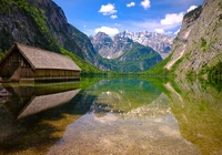 Jezioro Obersee, Drewniany, Domek, Szopa, G?ry Alpy, Park Narodowy Berchtesgaden, Bawaria, Niemcy