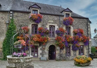 Kamienny, Dom, Studnia, Kwiaty, Rochefort en Terre, Bretania, Francja