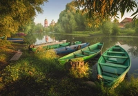 Rzeka, Trubezh River, Łódki, Drzewa, Cerkiew, Klasztor Goricki Zaśnięcia Matki Bożej, Peresław Zaleski, Obwód jarosławski, Rosja