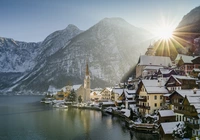 Zima, Promienie słońca, Góry, Jezioro, Hallstatt, Austria