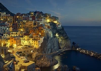 Morze, Oświetlone, Domy, Manarola, Włochy