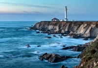 Wybrzeże, Morze, Skały, Latarnia morska, Point Arena Lighthouse, Hrabstwo Mendocino, Kalifornia, Stany Zjednoczone