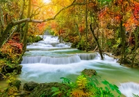 Jesień, Las, Drzewa, Rośliny, Kamienie, Wodospad Huai Mae Khamin, Park Narodowy Khuean Srinagarindra, Prowincja Kanchanaburi, Tajlandia