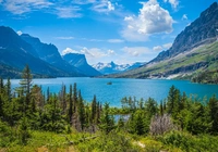 Stany Zjednoczone, Montana, Park Narodowy Glacier, Jezioro, Saint Mary Lake, Góry, Drzewa, Wysepka